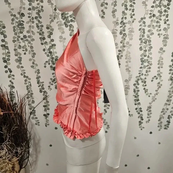 Smythe Ruffle Trim One Shoulder Top Rose Pink Size 4 Satin Smocked Blouse